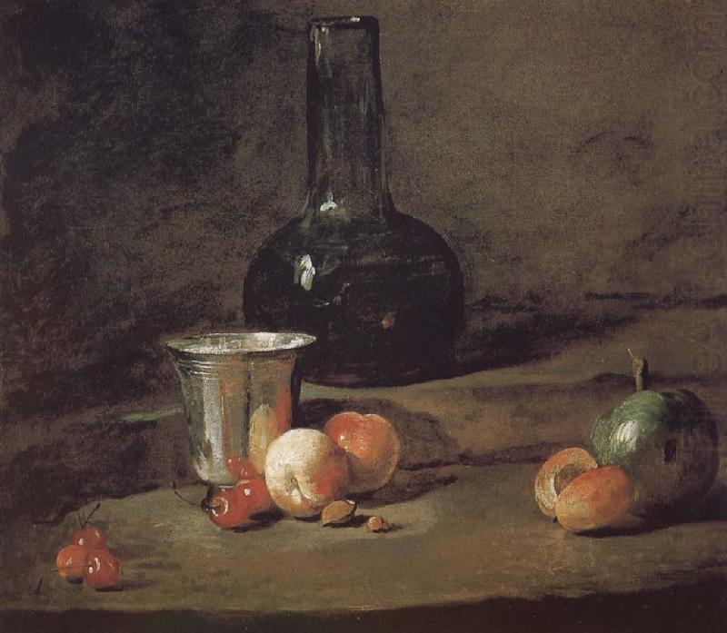 Jean Baptiste Simeon Chardin Wine glass bottles fitted five silver Cherry wine a two peach apricot, and a green apple china oil painting image